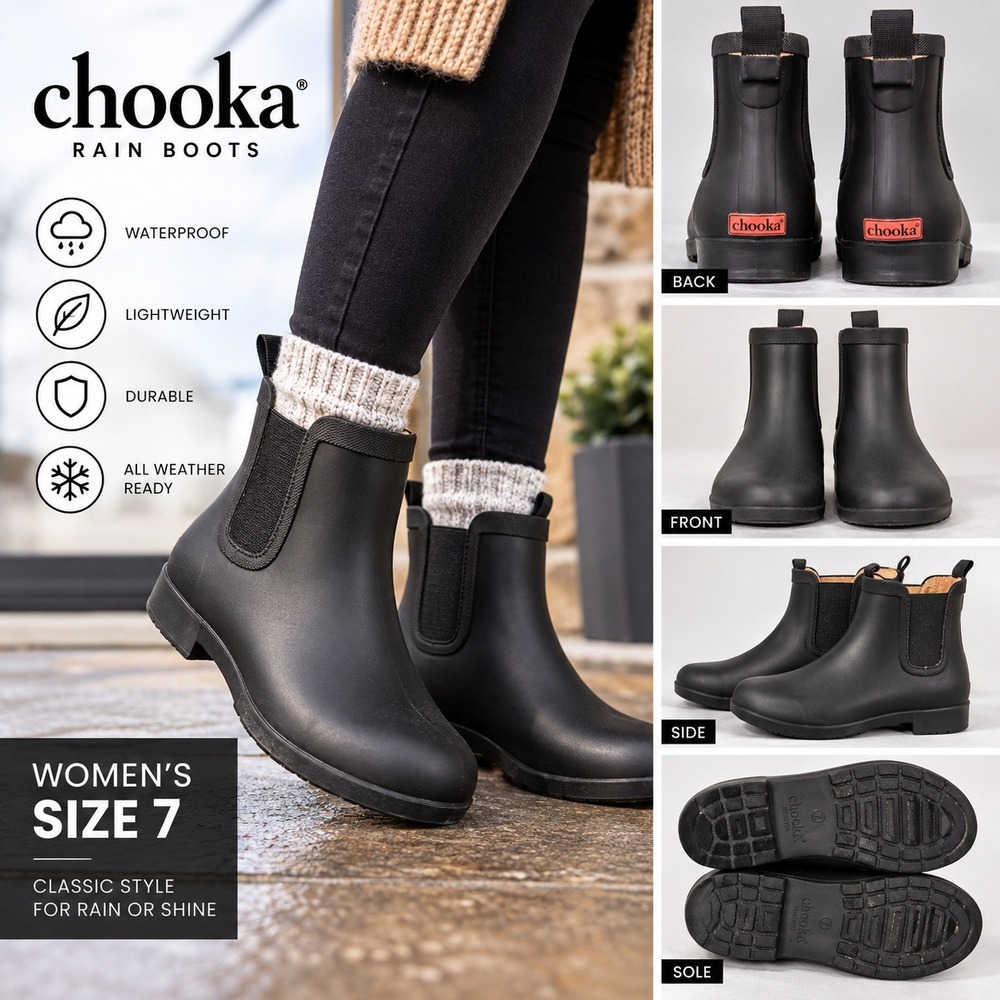 Chooka Delridge Chelsea Rain Boots Womens Size 7 Matte Black Waterproof Ankle